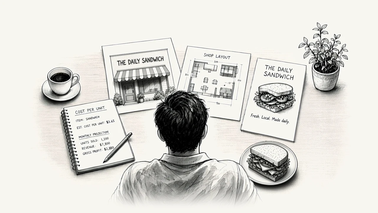 Ink drawing of a man at a table, seen from behind, planning a sandwich shop: a sketch of the storefront, a shop layout, a menu, cost notes, a coffee and a sandwich.