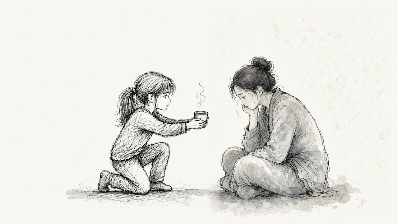 Ink drawing of a young girl kneeling to offer a warm cup to a woman sitting with her head in her hand.