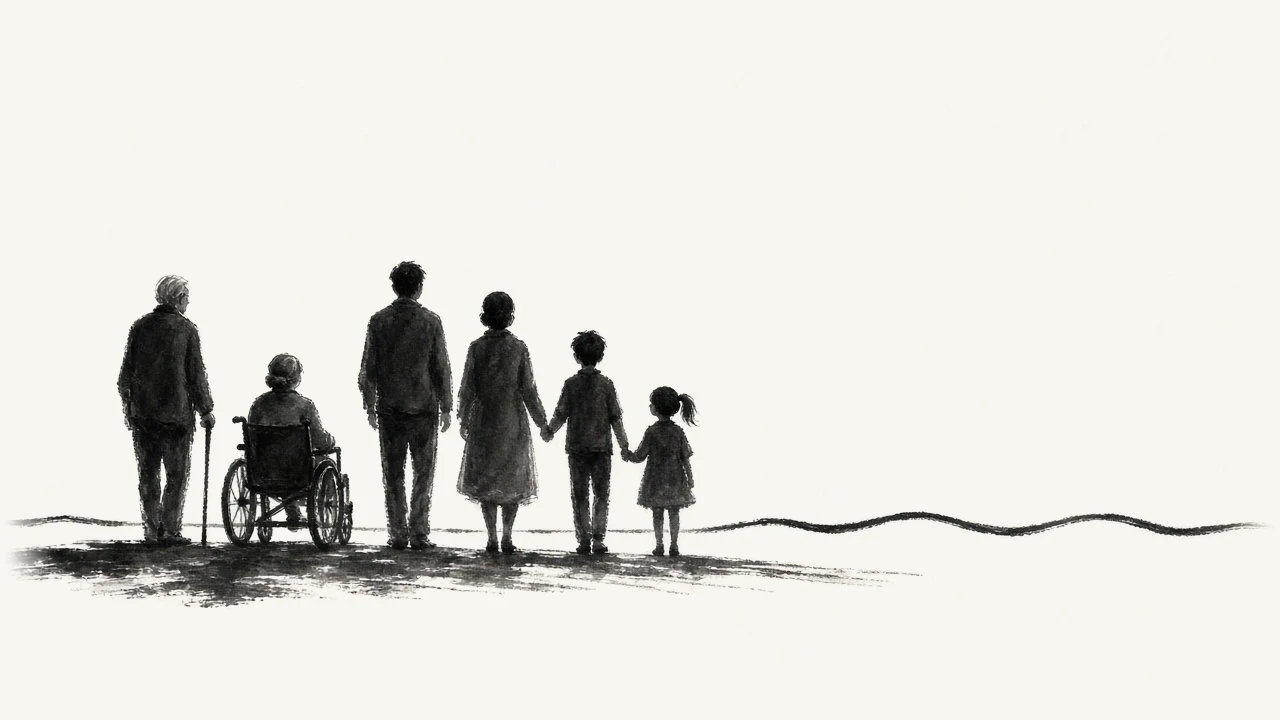 Ink drawing of a family seen from behind, from grandparents, one in a wheelchair, to two small children holding hands, looking out toward the horizon.