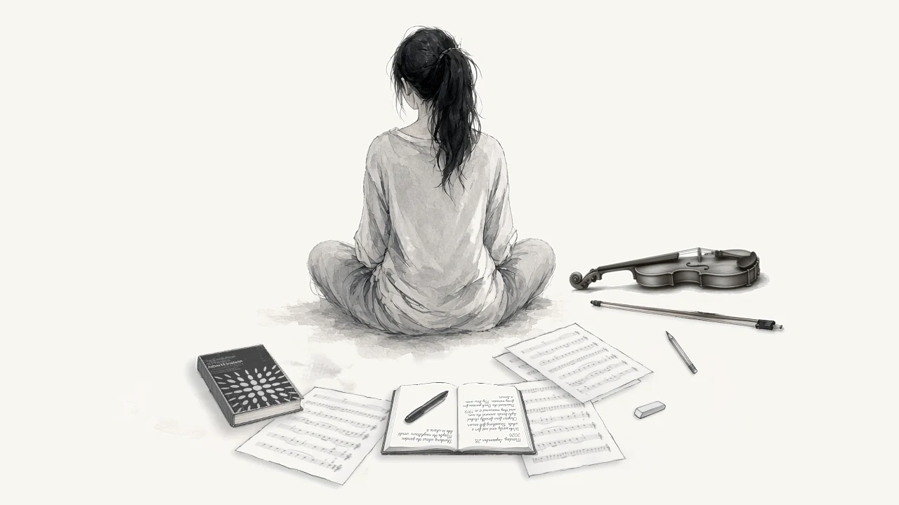 Ink drawing of a woman sitting cross-legged on the floor, seen from behind, surrounded by open books, sheet music, a notebook and a violin.